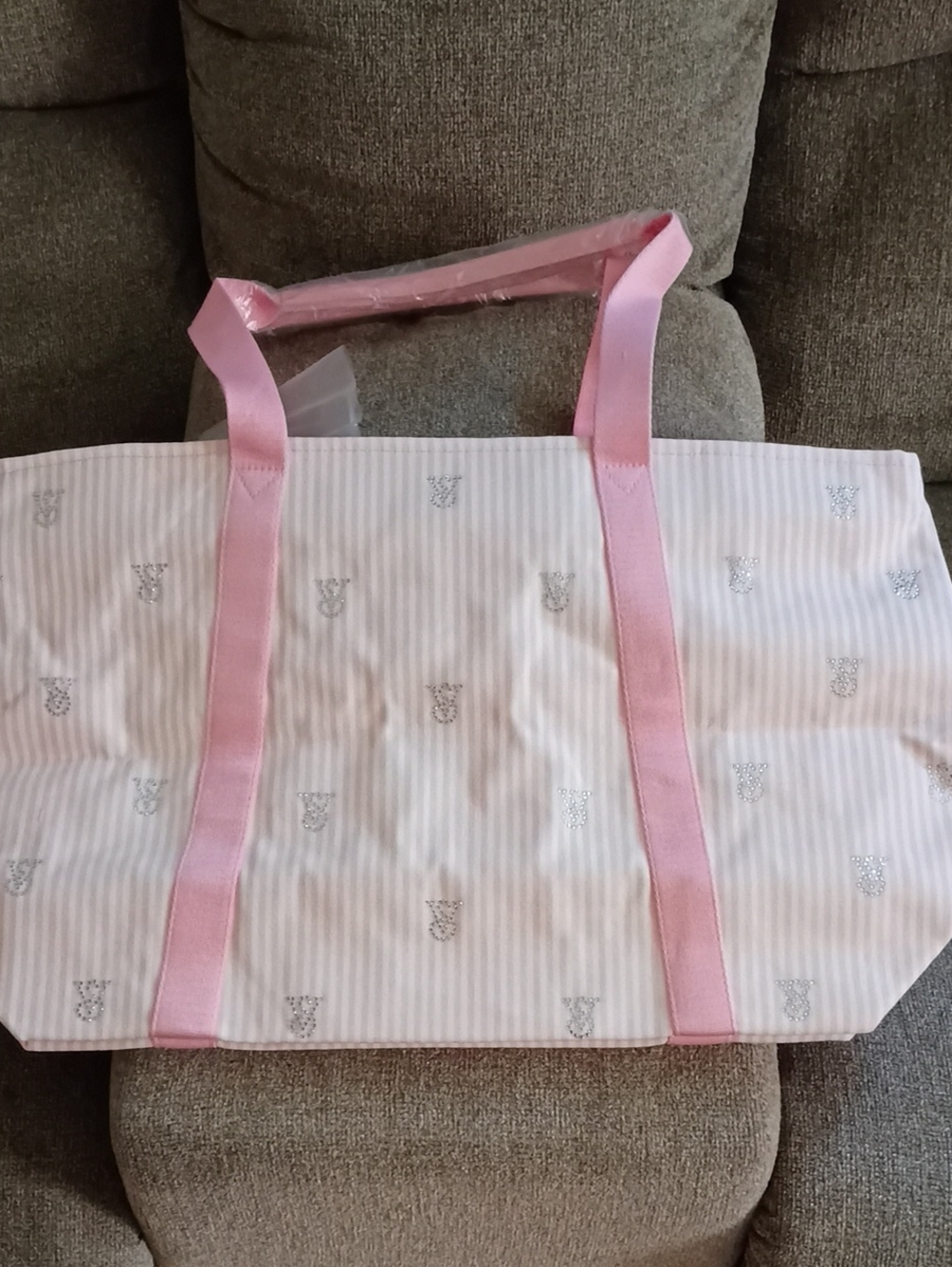 Victoria's Secret Pink Striped Tote with Light Pink Handles